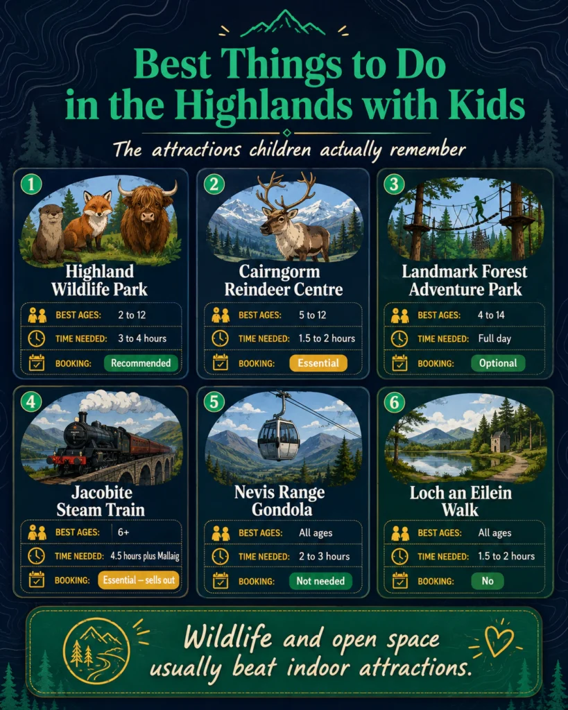 Scottish Highlands with Kids: A Family Trip Plan That Holds Up in Real Life 2 Infographic of six Scottish Highlands family attractions with best ages, time needed and booking advice for each