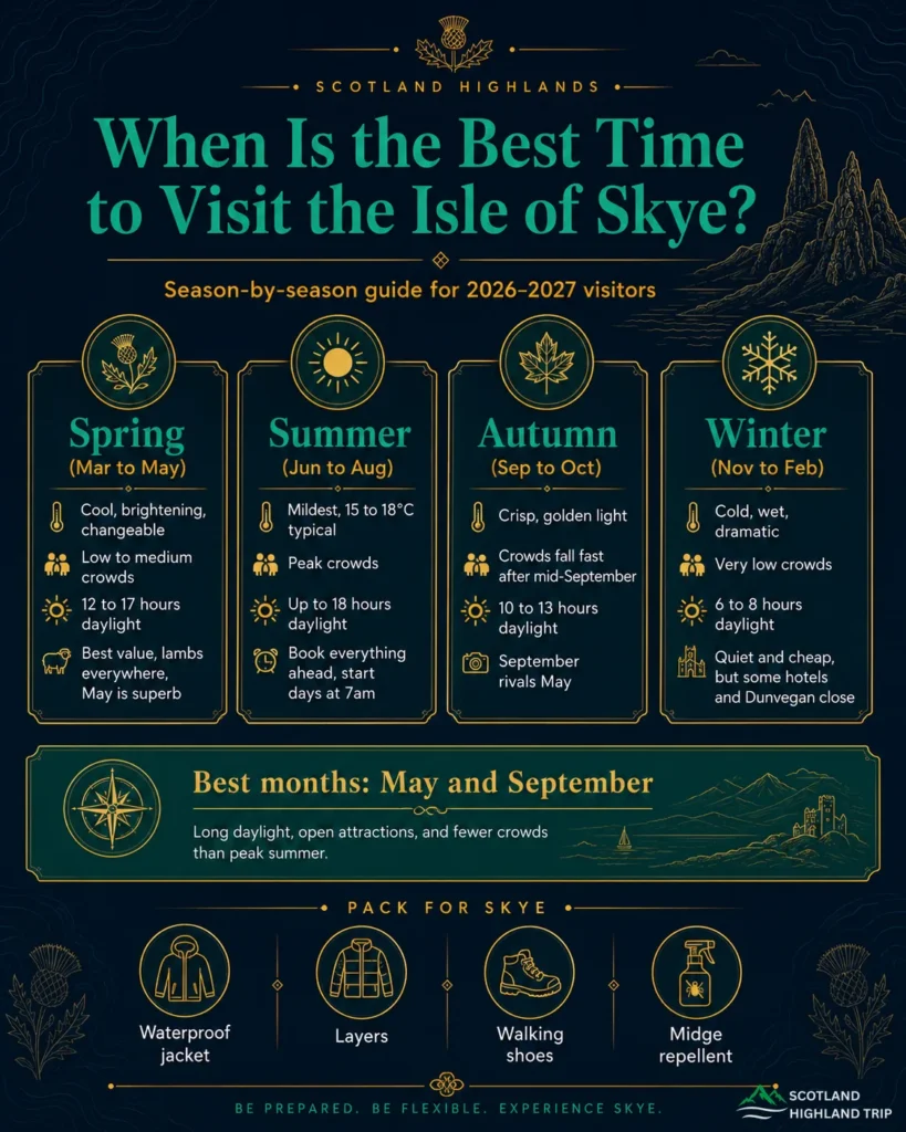 Isle of Skye Travel Guide 2026 to 2027: Plan the Perfect Trip Without the Rookie Mistakes 1 Season by season infographic comparing spring, summer, autumn and winter on the Isle of Skye with a packing checklist for 2026-2027 visitors