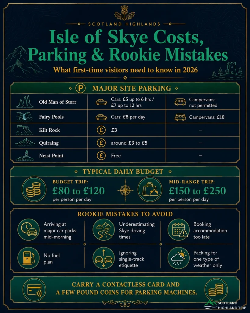 Isle of Skye Travel Guide 2026 to 2027: Plan the Perfect Trip Without the Rookie Mistakes 3 Infographic of 2026 Isle of Skye parking charges at Old Man of Storr, Fairy Pools, Kilt Rock, Quiraing and Neist Point with daily budgets and mistakes to avoid
