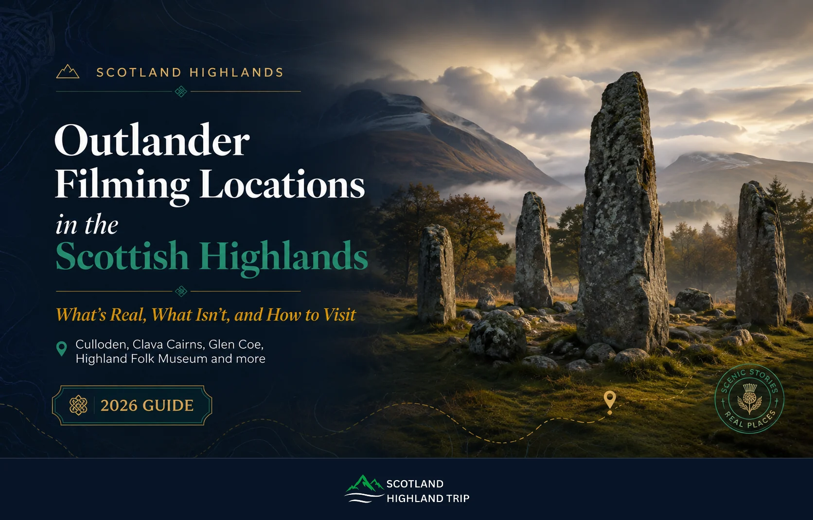 Home 91 Outlander filming locations in the Scottish Highlands guide cover showing standing stones at Clava Cairns near Inverness at sunrise