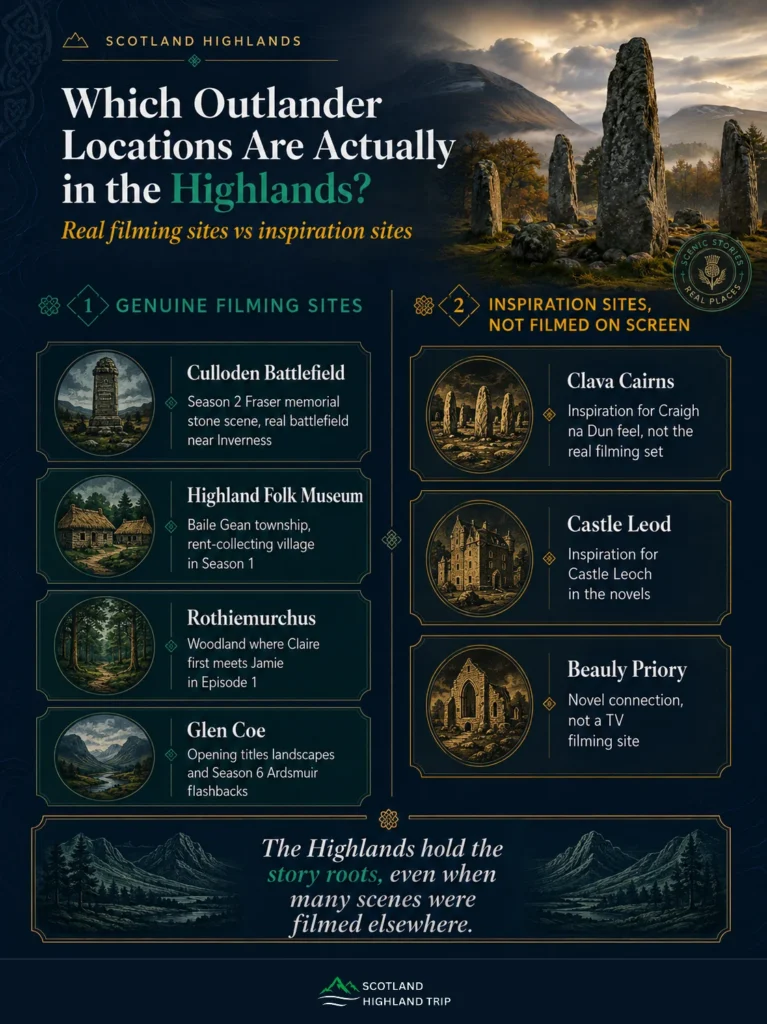 Outlander Filming Locations in the Scottish Highlands: What's Real, What Isn't, and How to Visit 1 Infographic comparing genuine Outlander filming sites in the Scottish Highlands such as Culloden Battlefield and the Highland Folk Museum with inspiration sites like Clava Cairns and Castle Leod