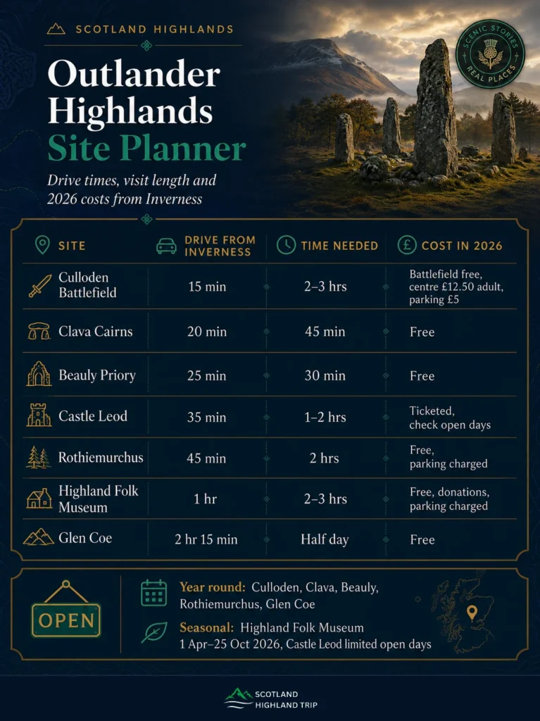 Outlander Filming Locations in the Scottish Highlands: What's Real, What Isn't, and How to Visit 3 Outlander Highlands site planner table showing drive times from Inverness, visit length and 2026 costs for Culloden, Clava Cairns, Castle Leod, Highland Folk Museum and Glen Coe