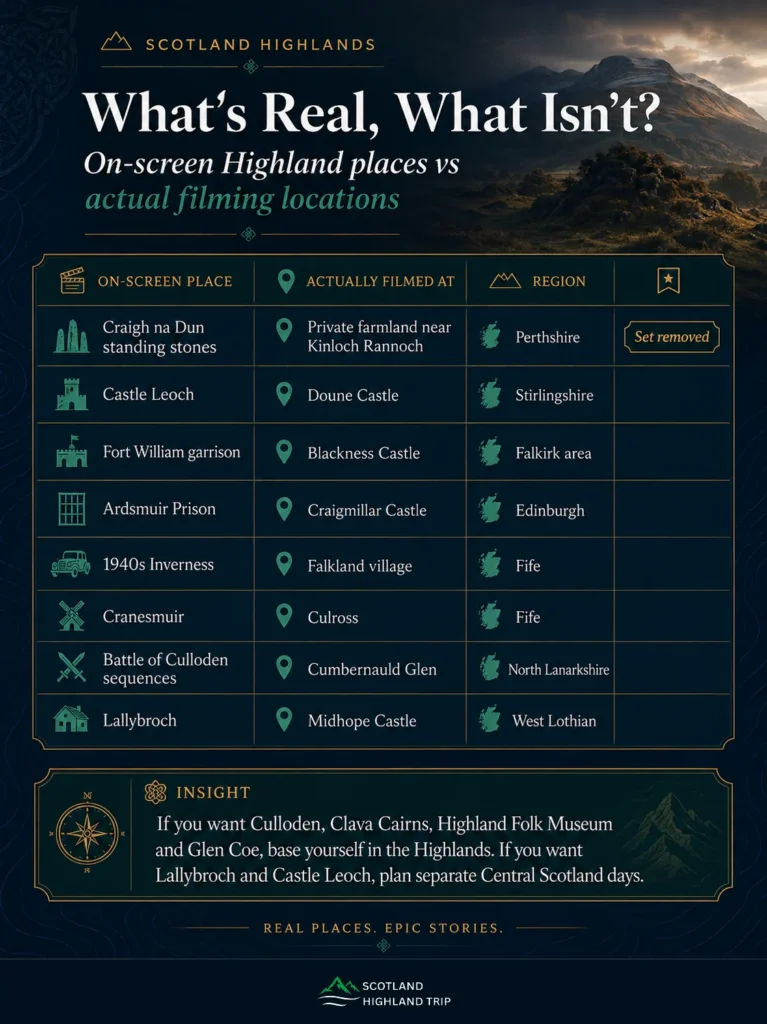 Outlander Filming Locations in the Scottish Highlands: What's Real, What Isn't, and How to Visit 2 Table showing Outlander on-screen Highland places such as Craigh na Dun, Castle Leoch and Lallybroch alongside the real filming locations in Perthshire, Stirlingshire, Fife and Edinburgh