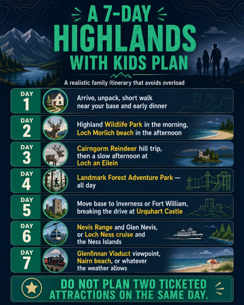 Scottish Highlands with Kids: A Family Trip Plan That Holds Up in Real Life 3 Seven day Scottish Highlands family itinerary infographic listing one main activity per day from arrival to Glenfinnan Viaduct