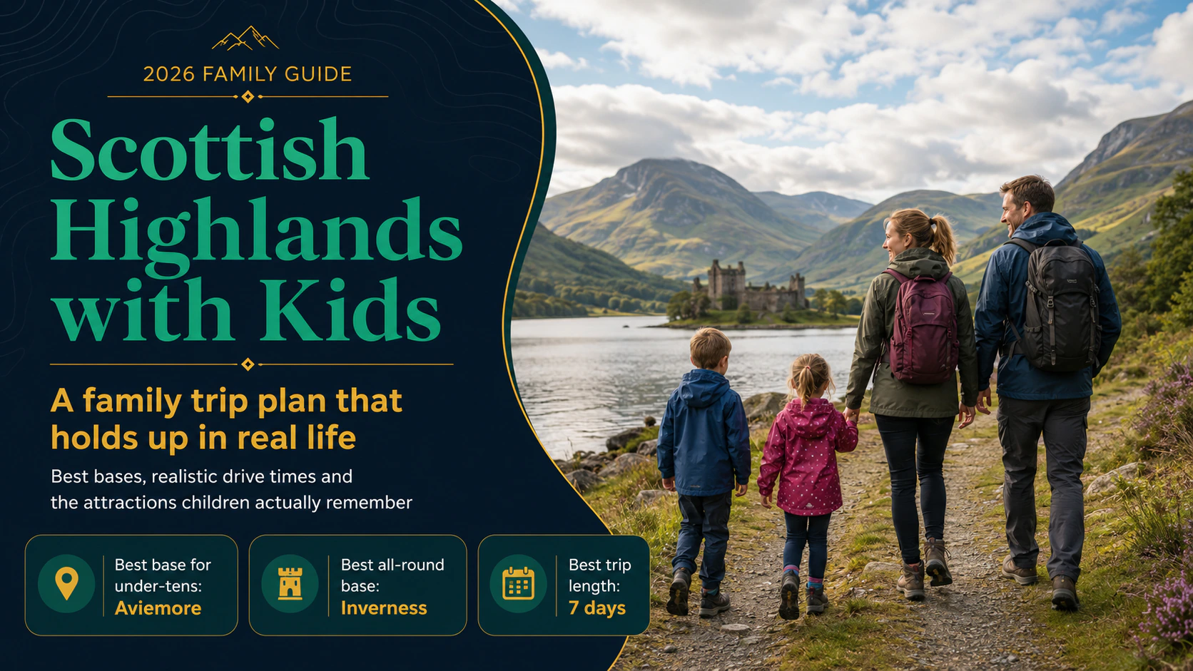 Family with two young children walking a lochside path in the Scottish Highlands with a castle and green mountains behind