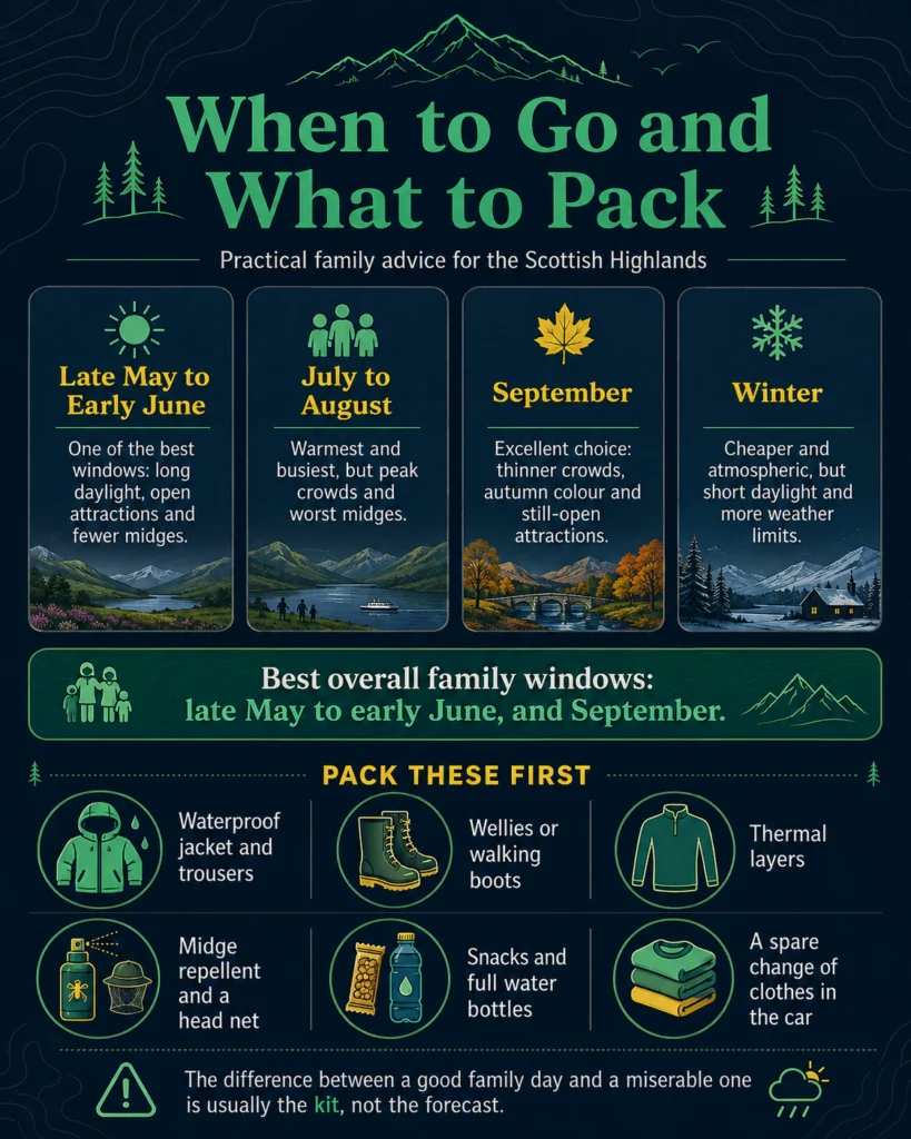 Scottish Highlands with Kids: A Family Trip Plan That Holds Up in Real Life 4 Infographic comparing Scottish Highlands seasons for families alongside a six item family packing list
