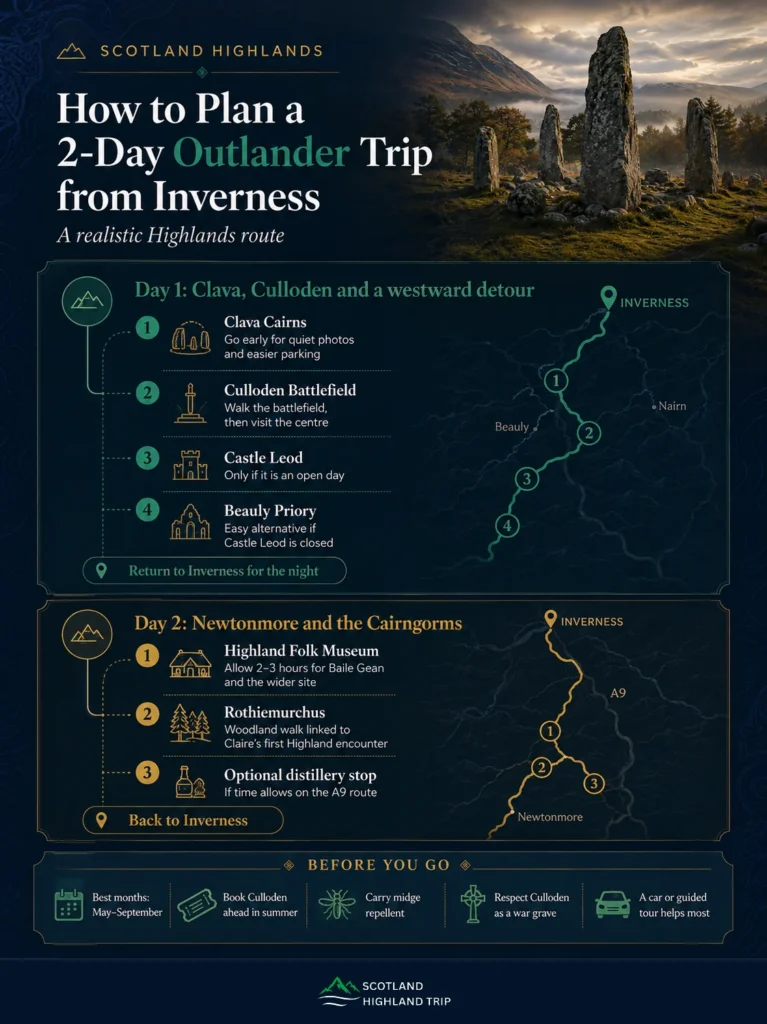 Outlander Filming Locations in the Scottish Highlands: What's Real, What Isn't, and How to Visit 4 Two day Outlander itinerary map from Inverness covering Clava Cairns, Culloden Battlefield, Castle Leod, Beauly Priory, the Highland Folk Museum and Rothiemurchus