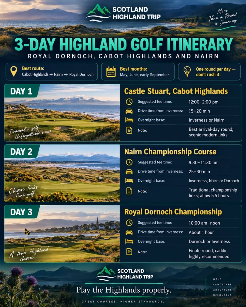 Three-Day Highland Golf Itinerary: Royal Dornoch, Cabot Highlands and Nairn 1 Interactive map showing 3 perfect days from Inverness to Dornoch with golf courses, driving times and accommodation base options