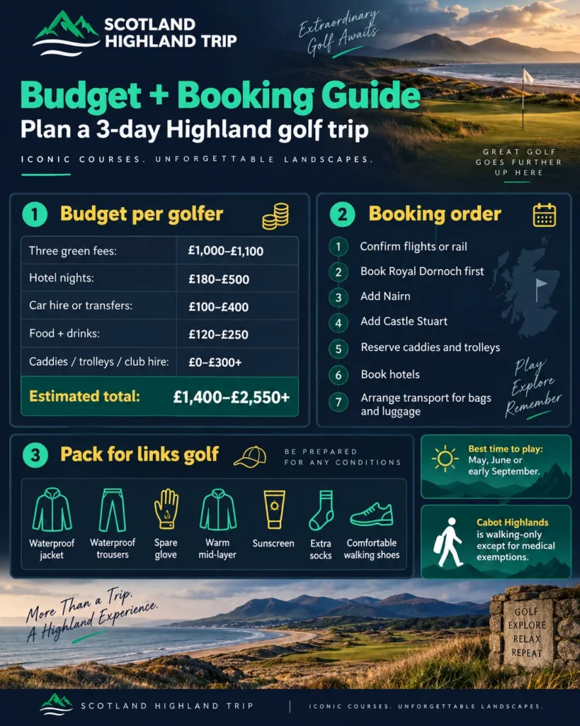 Three-Day Highland Golf Itinerary: Royal Dornoch, Cabot Highlands and Nairn 3 Golfers on the links at Royal Dornoch, Cabot Highlands and Nairn with stunning Scottish Highland landscapes