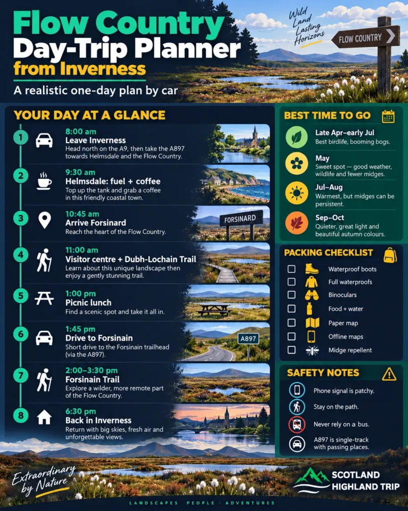 How to Visit the Flow Country From Inverness: Train, Car and Day-Trip Planning 1 Infographic day-trip planner from Inverness to the Flow Country with an hour-by-hour itinerary, best time to go, packing checklist and safety notes