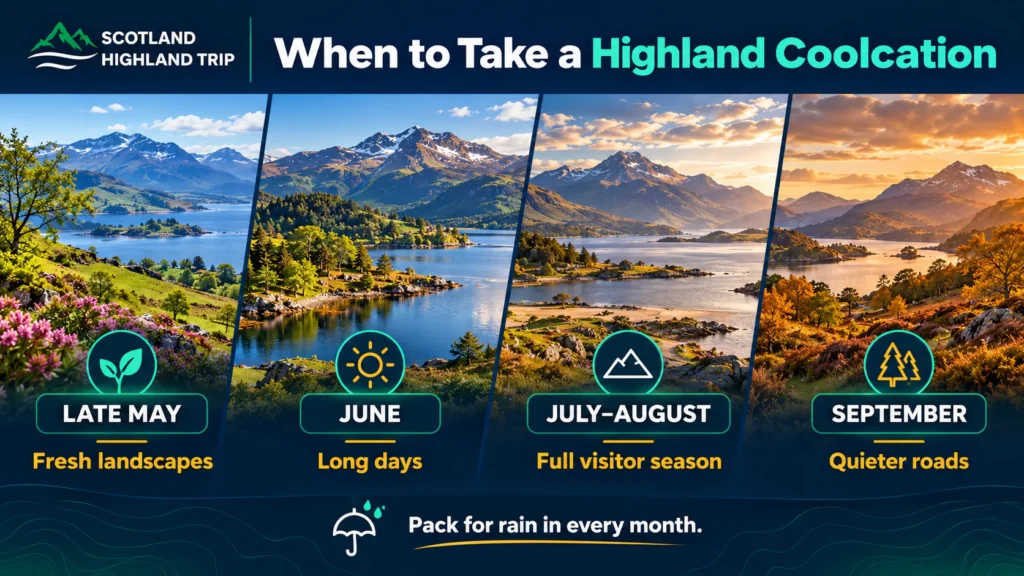 Why a Scottish Highlands Coolcation Is the Ultimate Escape for 2027 4 Season planner for the Scottish Highlands: late May fresh landscapes, June long days, July–August full visitor season, September quieter roads; pack for rain every month