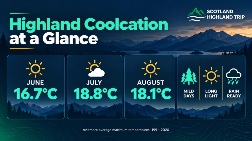 Why a Scottish Highlands Coolcation Is the Ultimate Escape for 2027 1 Infographic of Aviemore average maximum summer temperatures 1991–2020: June 16.7°C, July 18.8°C, August 18.1°C, with mild days, long light and rain-ready tips