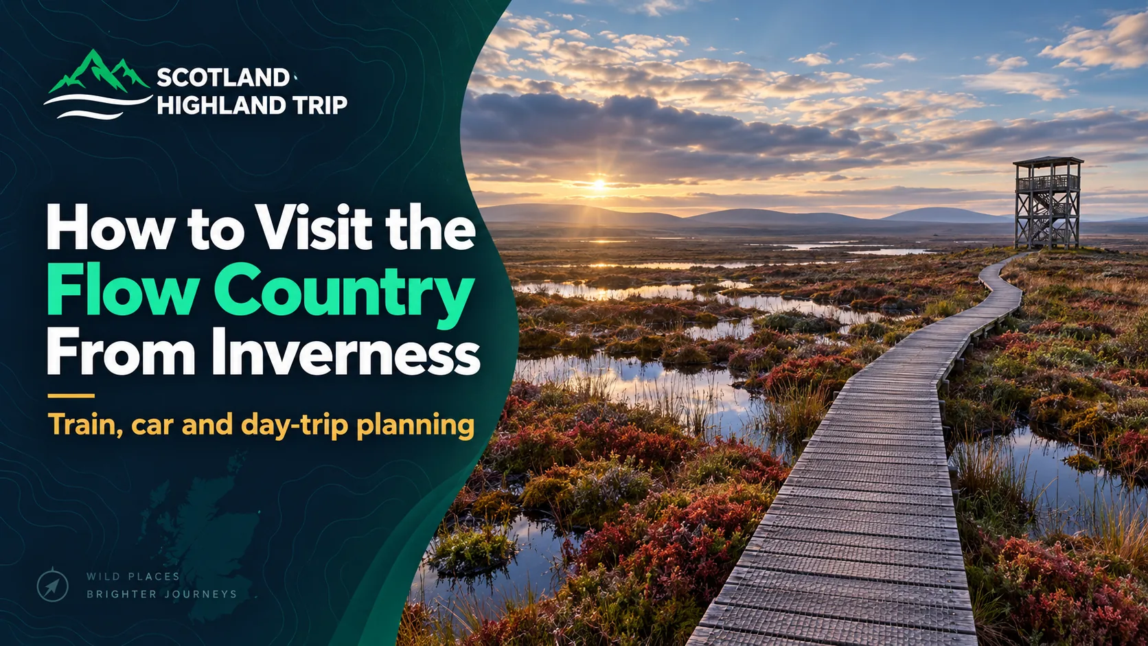 Home 91 Boardwalk leading to the Flows Lookout Tower across Flow Country peat pools at sunset, with the title How to Visit the Flow Country From Inverness