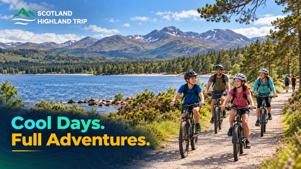 Why a Scottish Highlands Coolcation Is the Ultimate Escape for 2027 3 Family cycling on a gravel trail beside Loch Morlich with heather, Scots pines and the Cairngorm mountains in summer