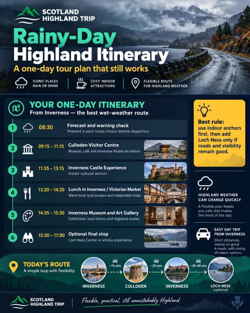 Infographic of a rainy-day Highland itinerary from Inverness with timed stops at Culloden Visitor Centre, Inverness Castle Experience, Victorian Market, Inverness Museum and Art Gallery and optional Loch Ness
