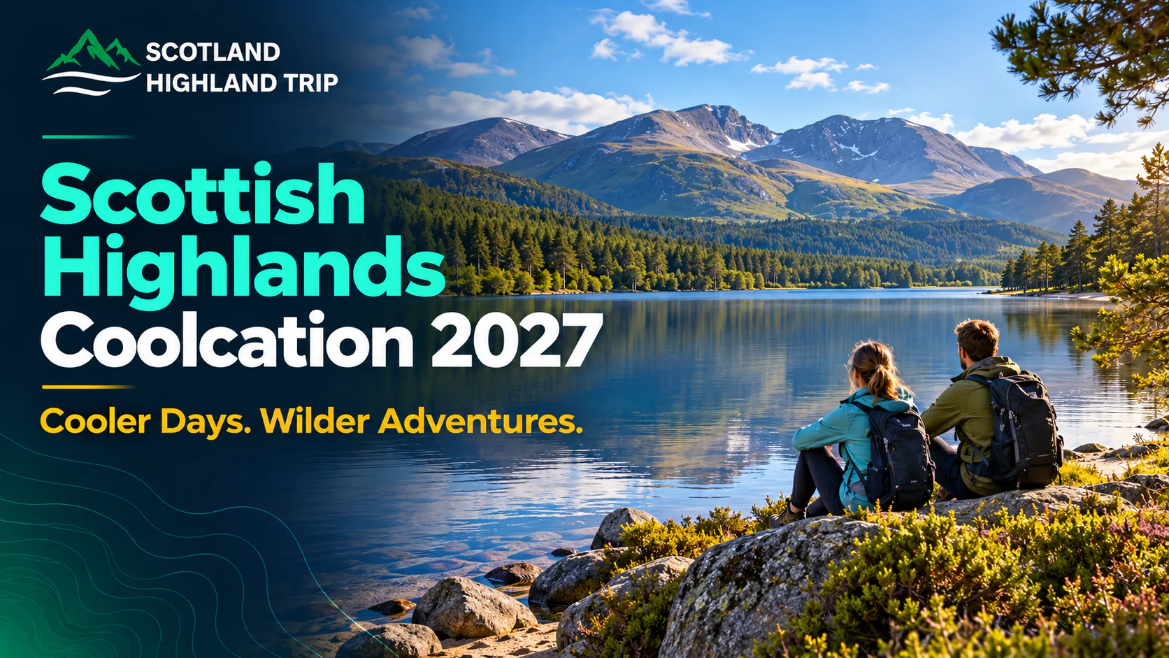 Home 91 Two hikers with backpacks sitting on rocks beside a calm Highland loch with pine forest and the Cairngorm mountains behind
