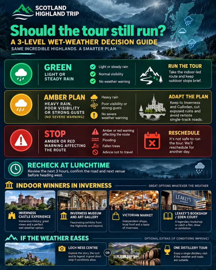 Infographic showing a green, amber and stop decision guide for Highland tours in rain, with indoor attractions in Inverness and optional Loch Ness Centre or distillery visits