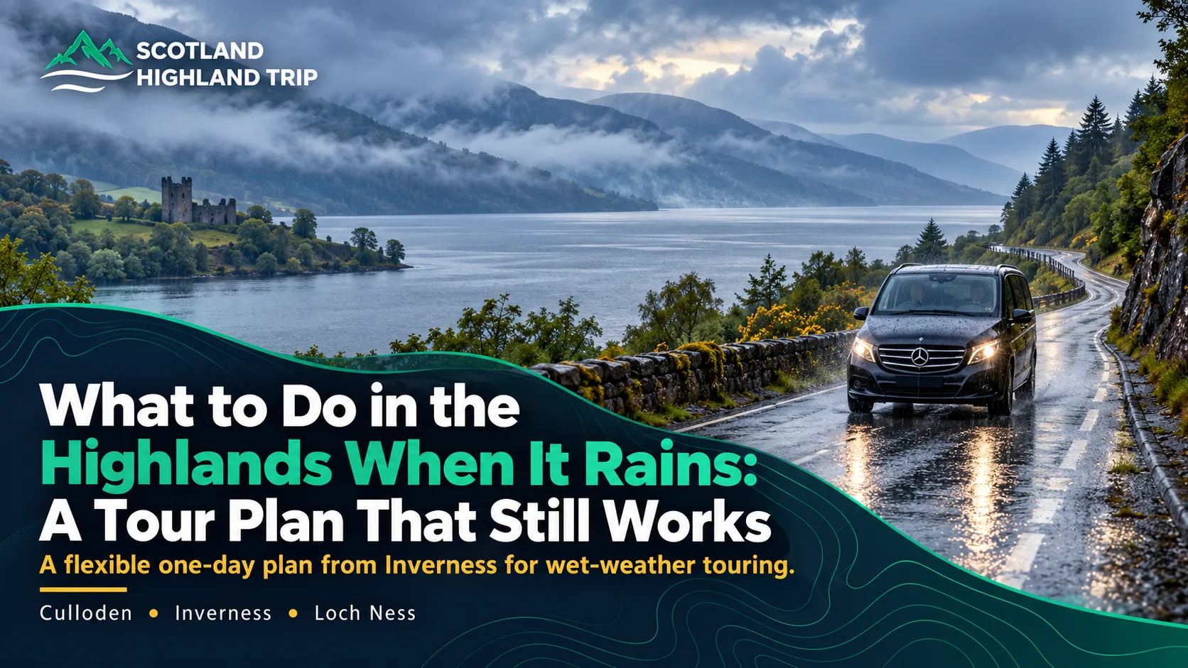 Home 91 Black Mercedes tour van driving along a wet road beside Loch Ness with Urquhart Castle and misty Highland hills in the background