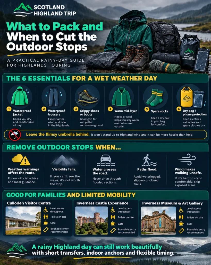 Infographic of six rainy-day packing essentials for the Scottish Highlands including waterproof jacket, trousers, boots, fleece, spare socks and dry bag, with advice on when to skip outdoor stops