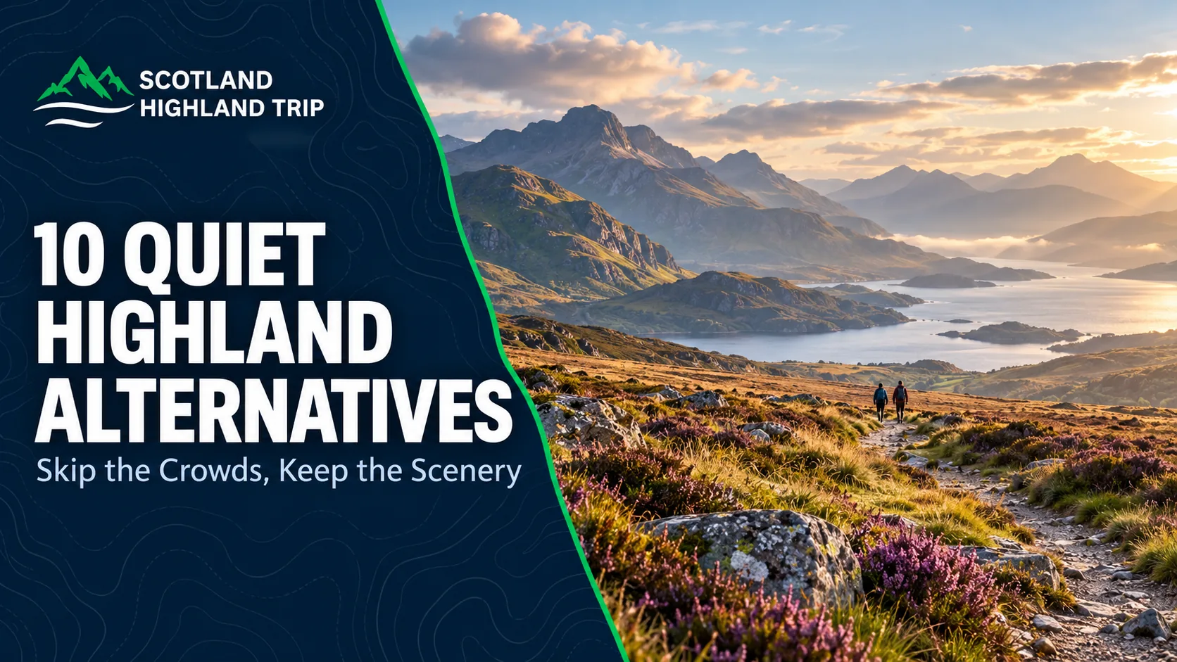 Home 80 Open Highland trail beside mountains and sea loch with the words 10 Quiet Highland Alternatives