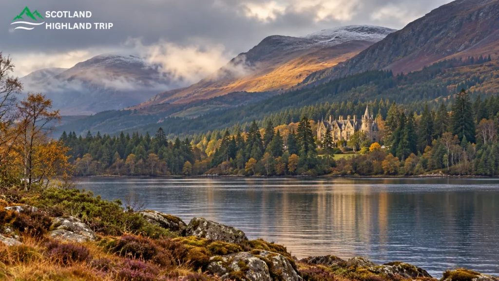Distant baronial mansion among autumn pine forest on the far shore of Loch Laggan beneath misty Highland mountains