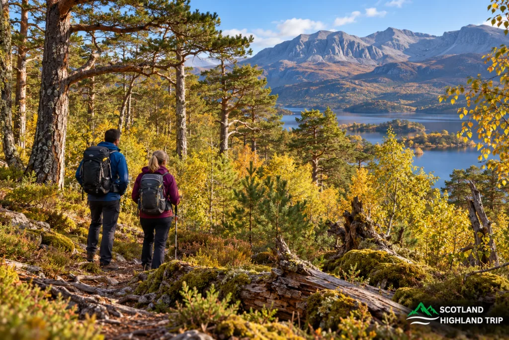 Highland Rewilding: Where Visitors Can See Conservation in Action 3 Two hikers on a trail through regenerating native Scots pine and autumn birch woodland at Beinn Eighe, overlooking Loch Maree and Torridon mountains in the Scottish Highlands