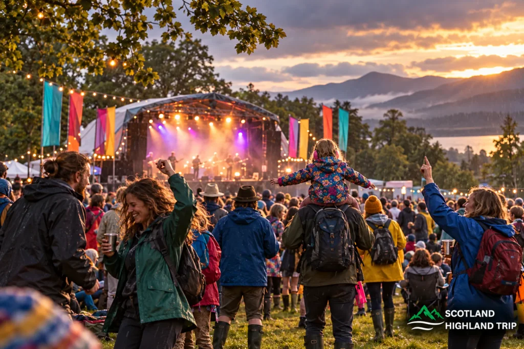 Highland Events 2027 Worth Planning a Scotland Trip Around 3 Festival crowd in rain jackets dancing in front of a lit-up stage at sunset, with colourful flags and a child on a parent's shoulders, at Belladrum Tartan Heart Festival