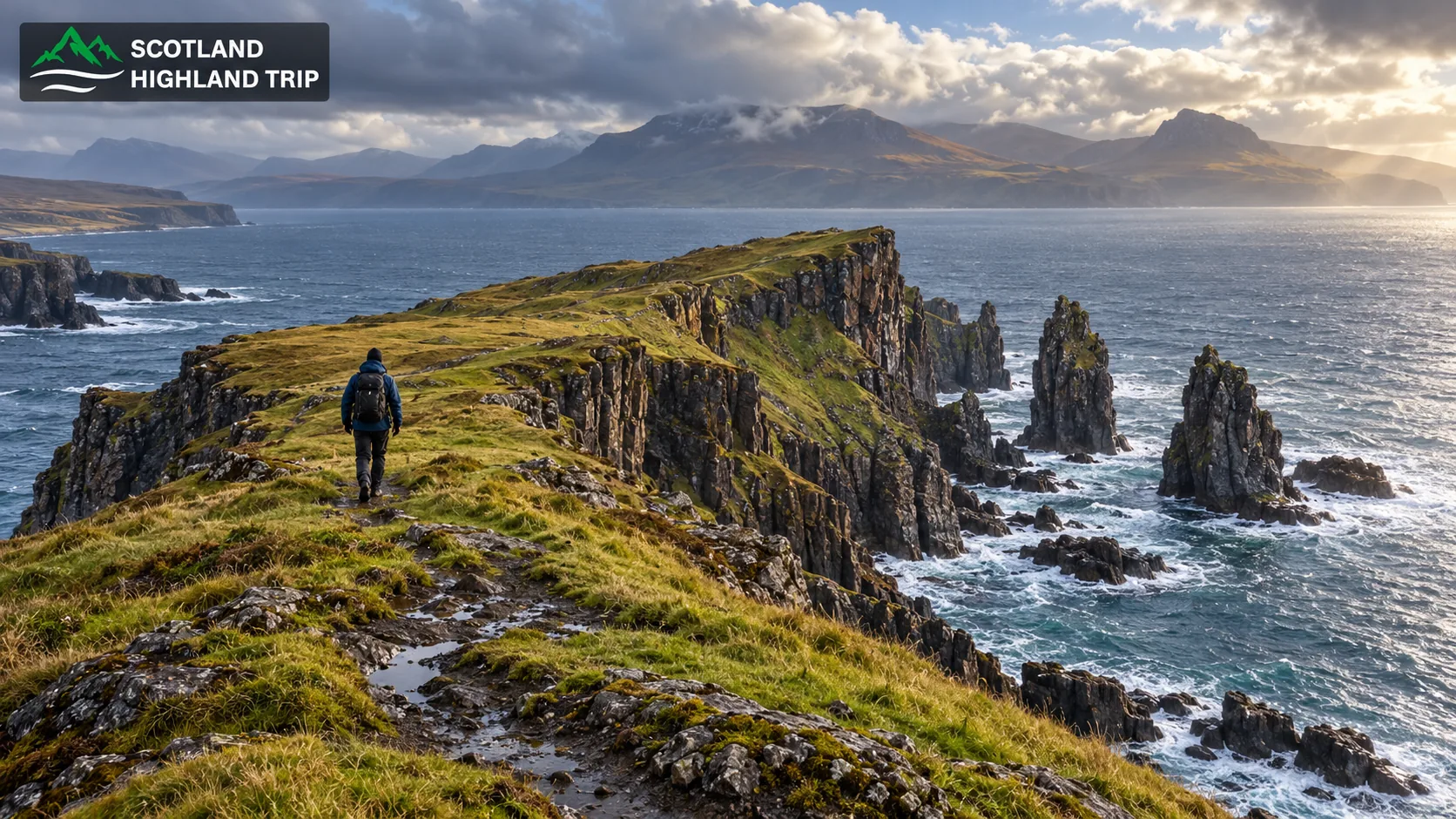 10 Quiet Places in the Scottish Highlands That Beat the Crowds 1 Walker approaching the grassy cliffs and sea stacks of Brother's Point on Skye