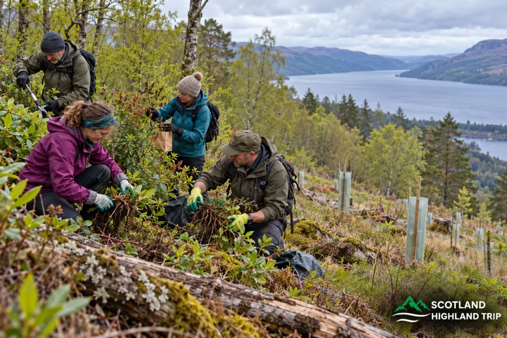 Highland Rewilding: Where Visitors Can See Conservation in Action 5 Conservation volunteers pulling invasive rhododendron on a hillside of young native trees in tree guards above Loch Ness near Drumnadrochit, Scottish Highlands