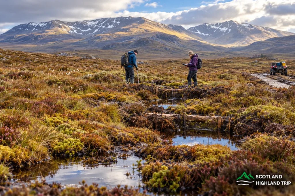 Highland Rewilding: Where Visitors Can See Conservation in Action 2 Two researchers monitoring peatland restoration with timber dams re-wetting drainage channels on Highland moorland, with snow-dusted Cairngorms mountains behind