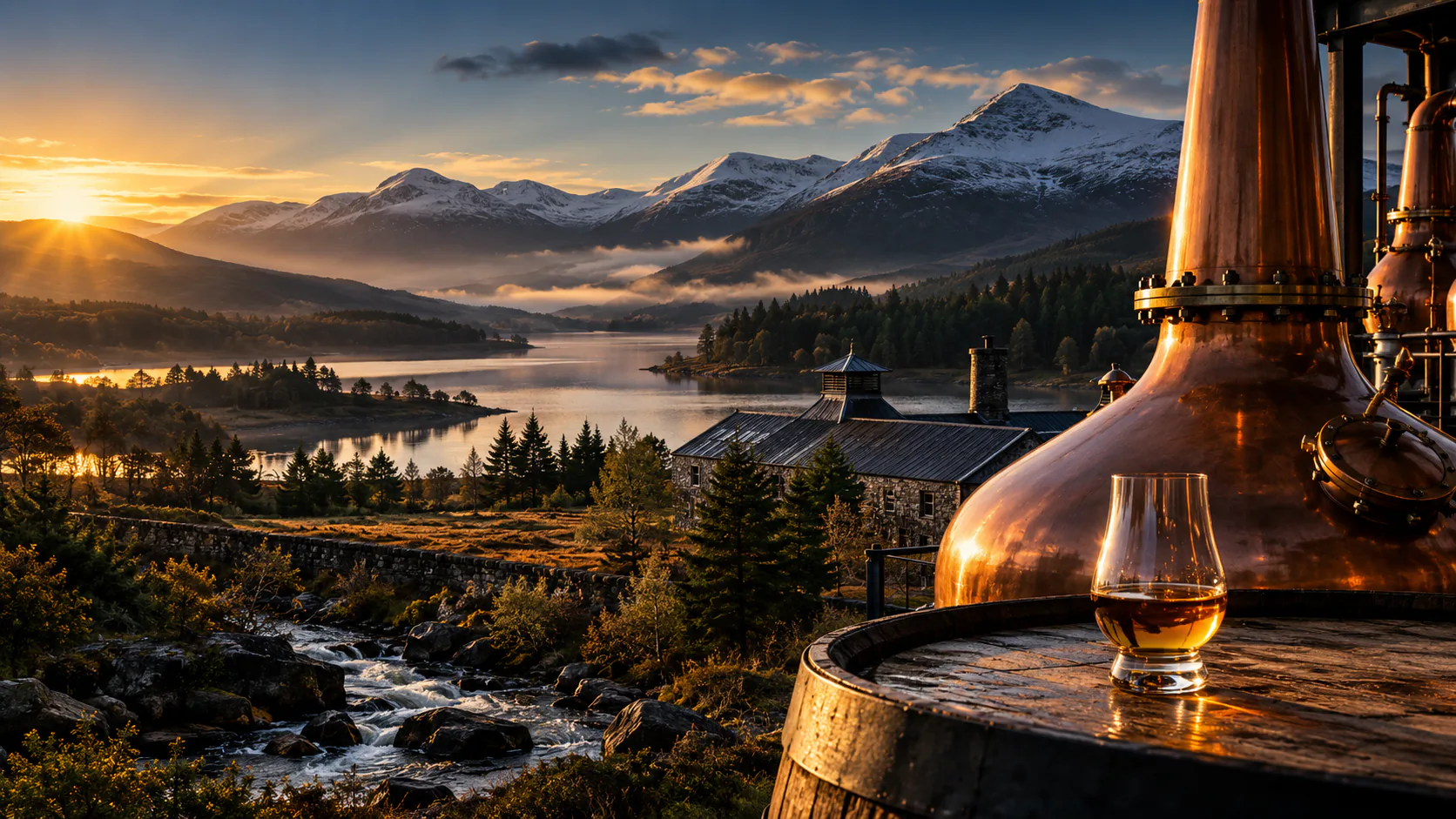 Mountain sunrise, copper still and a whisky glass on a barrel