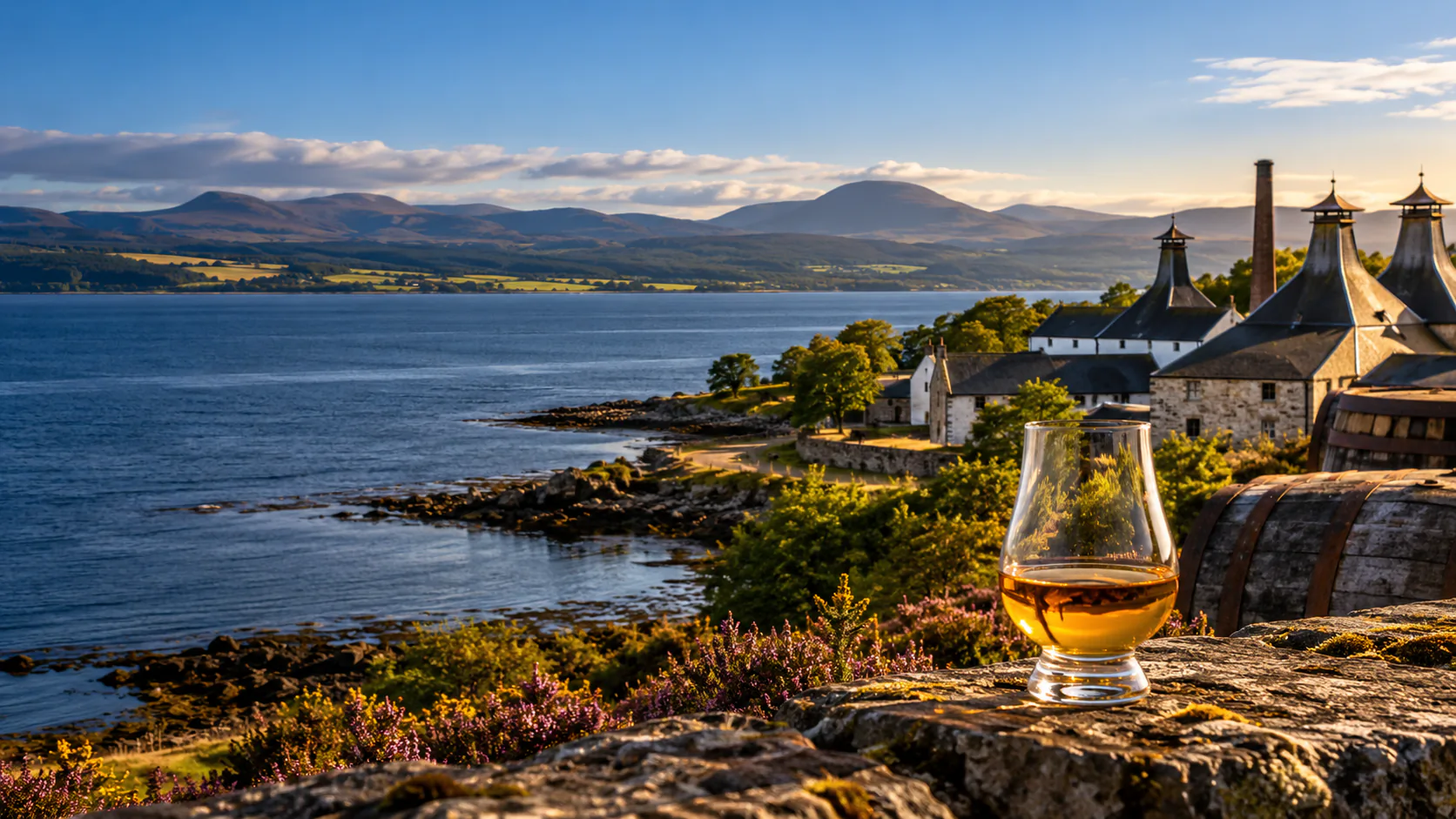 Coastal whisky scenery with a glass, distillery buildings and distant hills