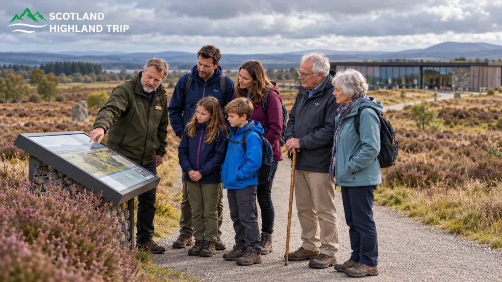 Guide showing a multigenerational family an information panel among the heather at Culloden Battlefield near Inverness, Scotland