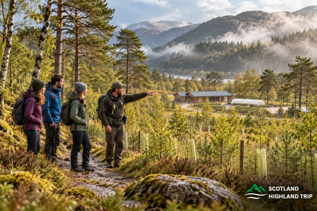 Highland Rewilding: Where Visitors Can See Conservation in Action 1 Ranger guiding a small group of walkers through young native woodland and tree nursery at Dundreggan Rewilding Centre in Glenmoriston, with misty Highland hills beyond