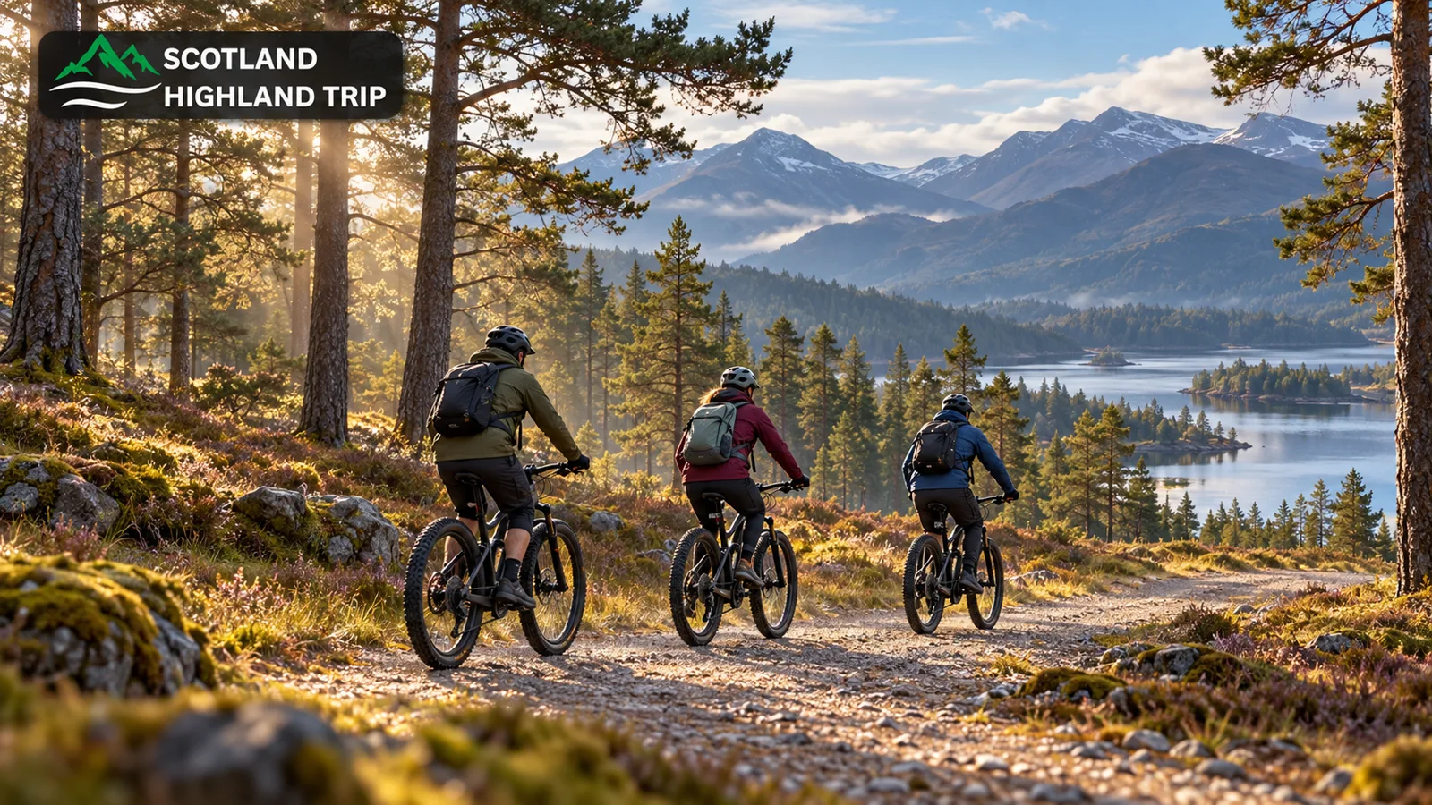 Luxury Adventure Holidays Scotland: Adventure Luxe in the Highlands 4 Three riders on electric mountain bikes in an autumn Highland glen