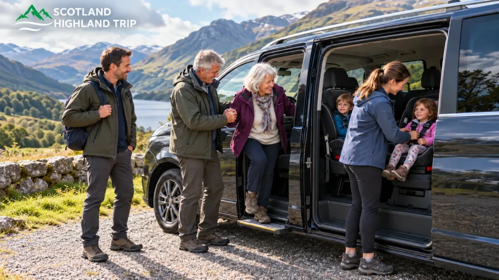 Grandmother stepping out of a private tour minivan with a step while a mother secures children in car seats beside a Highland loch