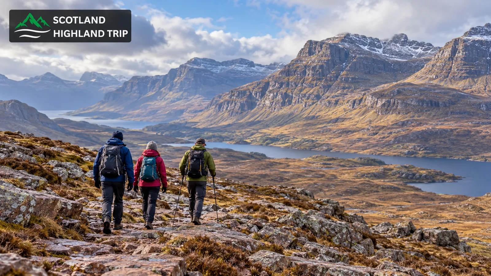 Luxury Adventure Holidays Scotland: Adventure Luxe in the Highlands 2 Three travellers following a private guide on a dramatic Torridon trail