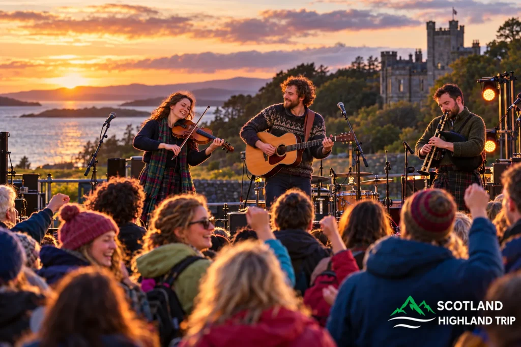 Highland Events 2027 Worth Planning a Scotland Trip Around 2 Folk band with fiddle, acoustic guitar and bagpipes playing to a cheering crowd at sunset, with a castle and a sea view behind, at HebCelt festival