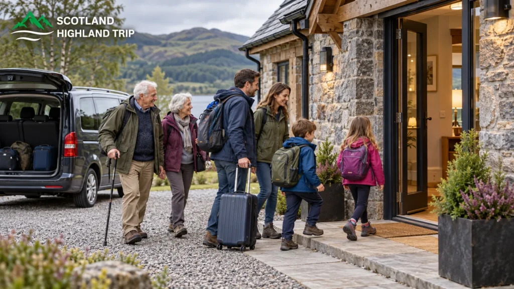 Three generations of a family with luggage arriving at a stone Highland cottage overlooking a loch near Inverness, Scotland