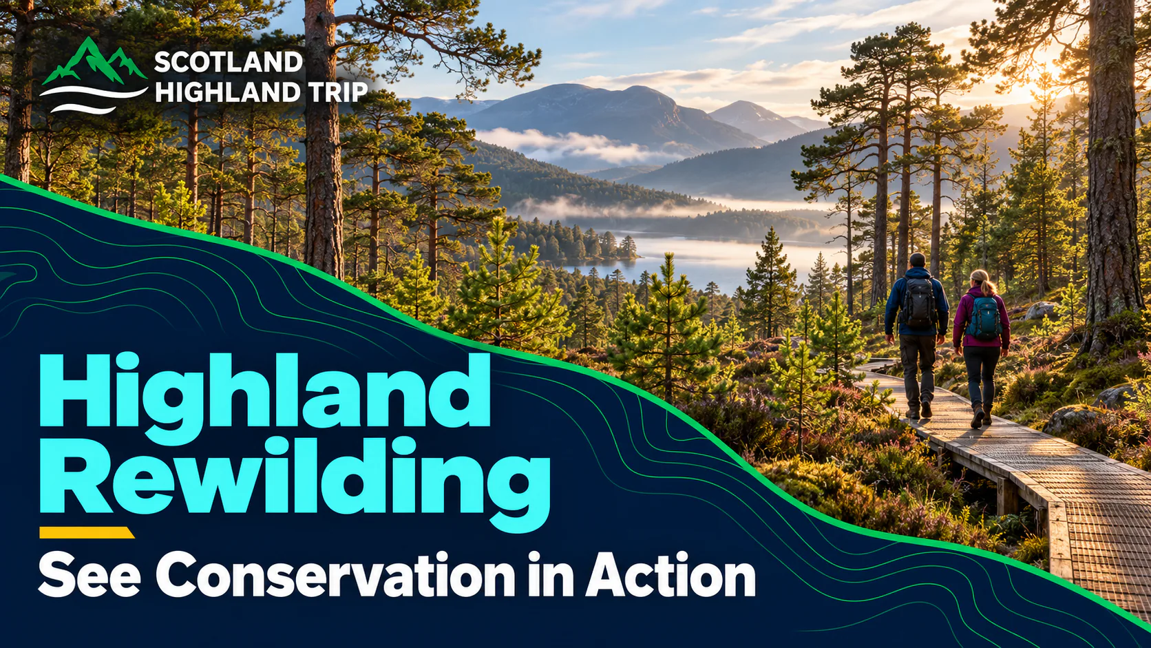 Two hikers walking a wooden boardwalk through Caledonian pine forest above a misty loch in the Scottish Highlands, with the title Highland Rewilding – See Conservation in Action