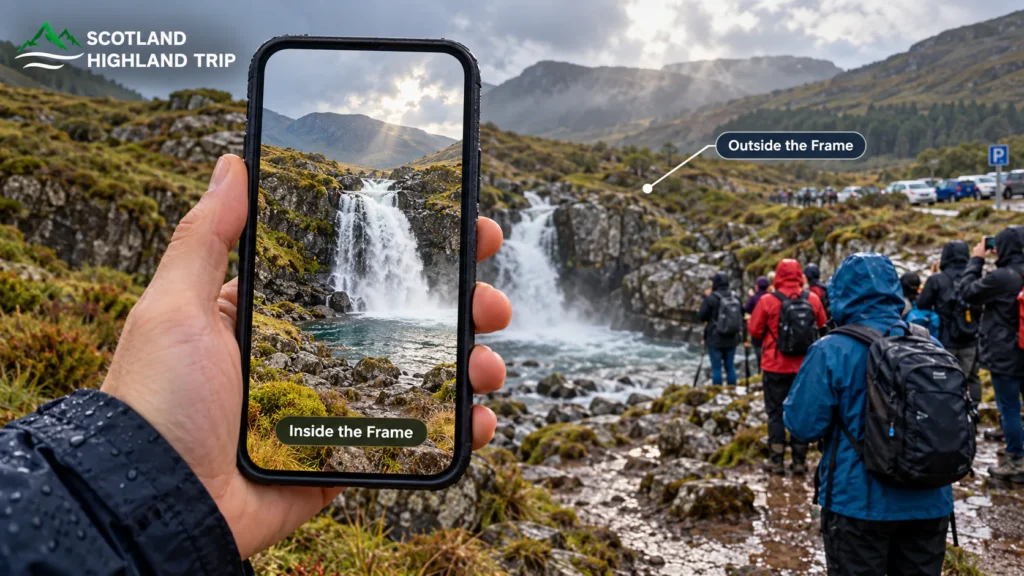 TikTok vs Reality: Are Viral Places in Scotland Worth Visiting? 1 Hand holding a phone showing an empty Highland waterfall, while outside the frame crowds of hikers in rain jackets and a full car park surround the same falls