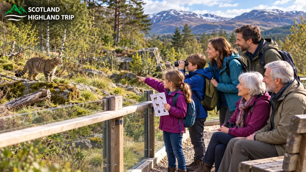 Girl pointing at a Scottish wildcat while her brother uses binoculars and grandparents watch from a bench at Highland Wildlife Park, Scotland