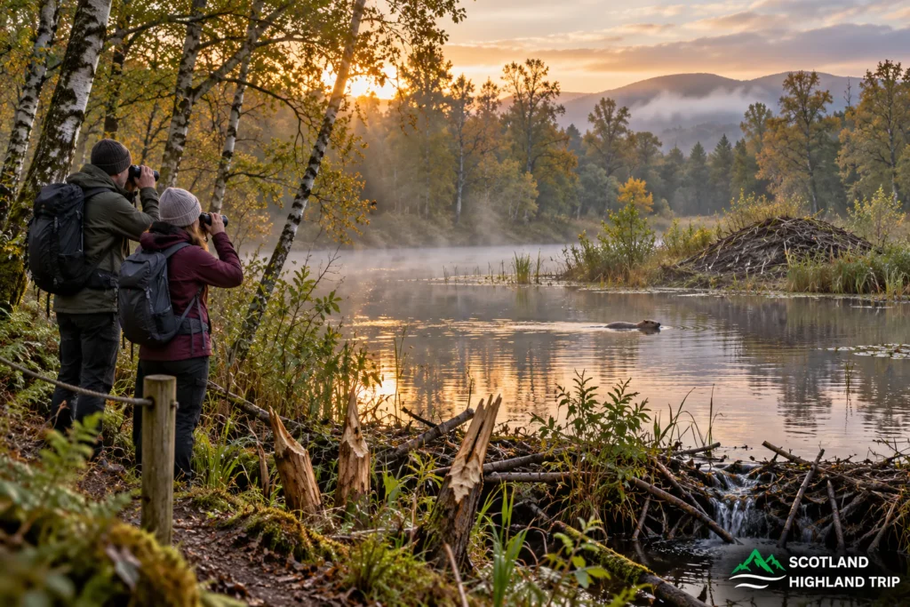 Highland Rewilding: Where Visitors Can See Conservation in Action 4 Two wildlife watchers with binoculars spotting a Eurasian beaver swimming past its lodge and dam on a misty loch at sunrise, Scotland