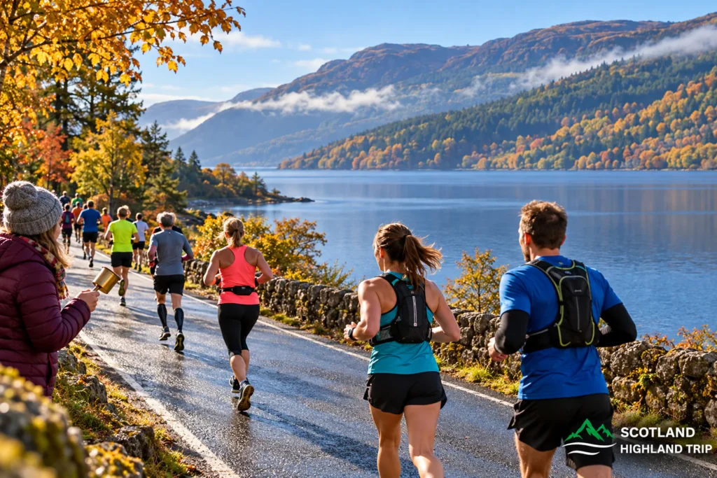 Highland Events 2027 Worth Planning a Scotland Trip Around 4 Runners on a lochside road beside Loch Ness on a bright autumn day, with a spectator ringing a cowbell and golden trees on the hills