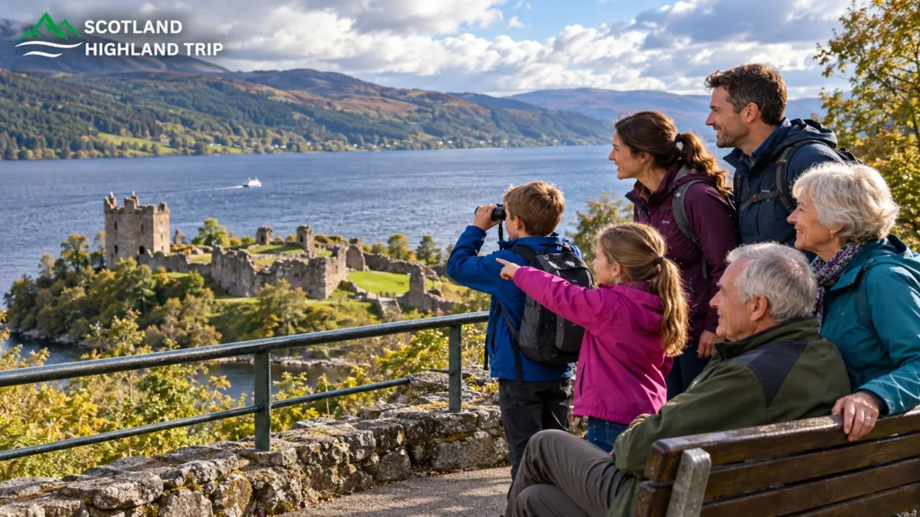 Family with grandparents and children looking out over Loch Ness and Urquhart Castle ruins from a viewpoint, Scottish Highlands