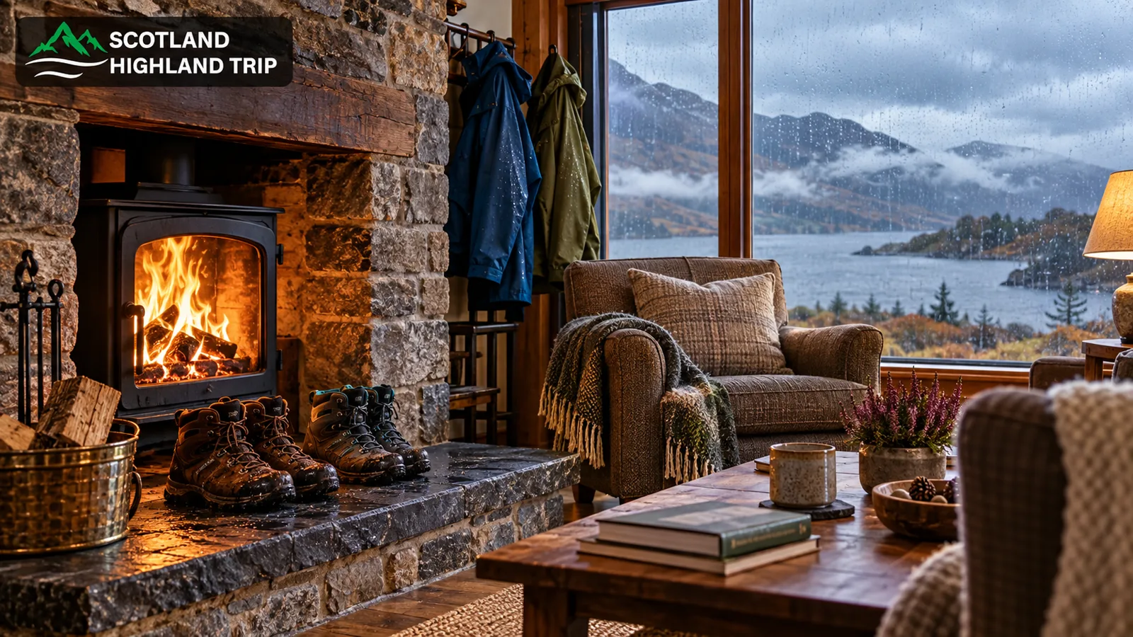 Luxury Adventure Holidays Scotland: Adventure Luxe in the Highlands 1 Walking boots beside a fire in a luxury Highland lodge overlooking a rainy loch