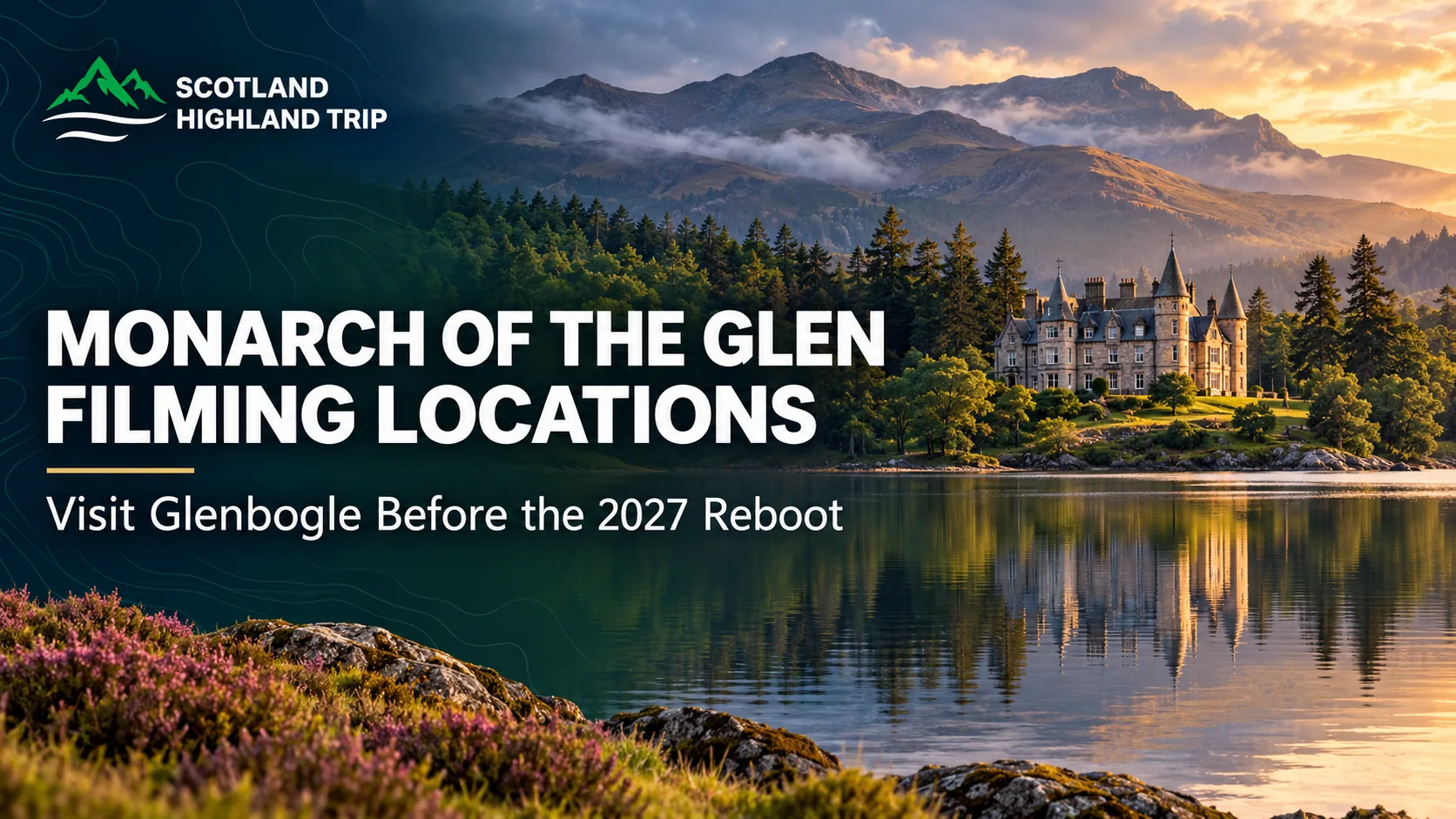 Baronial Highland mansion reflected in Loch Laggan at sunset with purple heather in the foreground