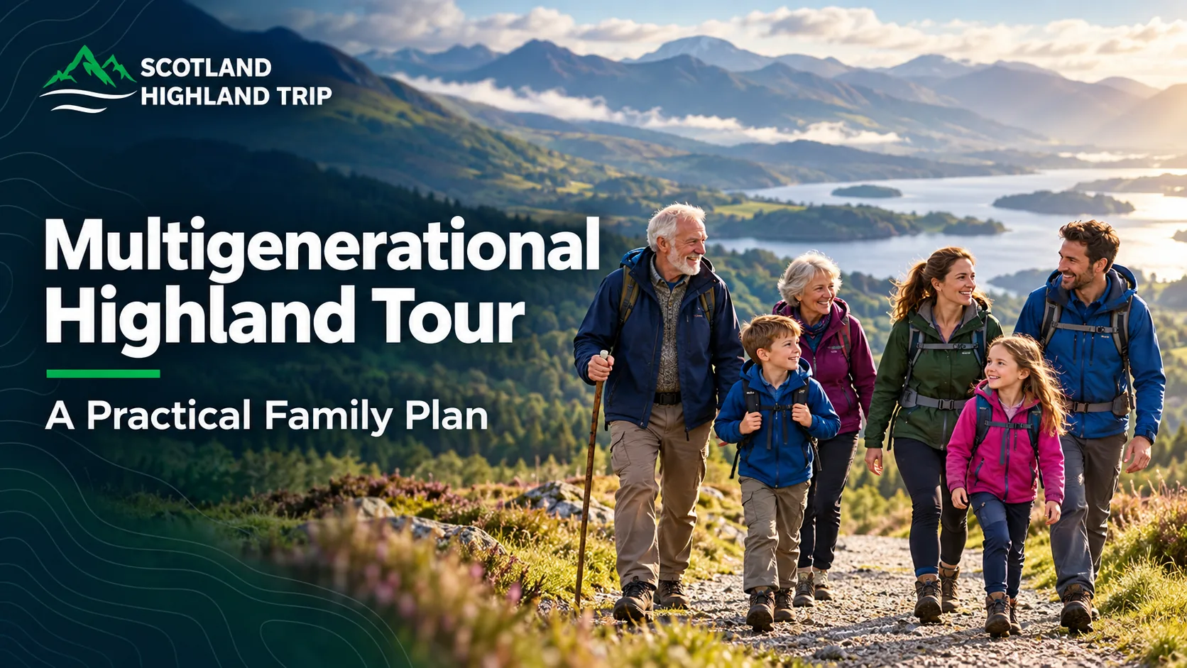 Grandparents, parents and two children walking a Highland trail above a loch on a multigenerational family tour in Scotland
