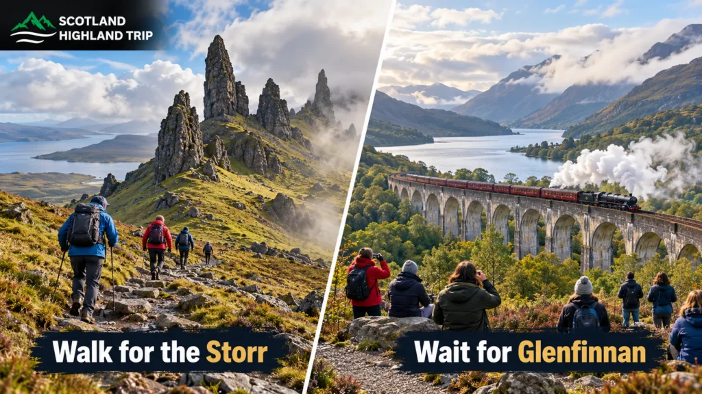 TikTok vs Reality: Are Viral Places in Scotland Worth Visiting? 3 Split image of hikers walking up the path to the Old Man of Storr on Skye and visitors waiting to photograph a steam train crossing the Glenfinnan Viaduct