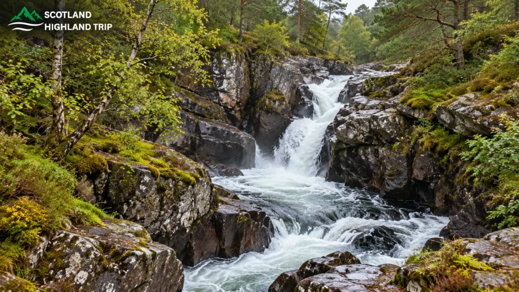 Pattack Falls tumbling through mossy dark rocks in a birch and pine woodland gorge in the Scottish Highlands